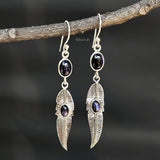 Blue Sunstone Silver Feather Gypsy Earring