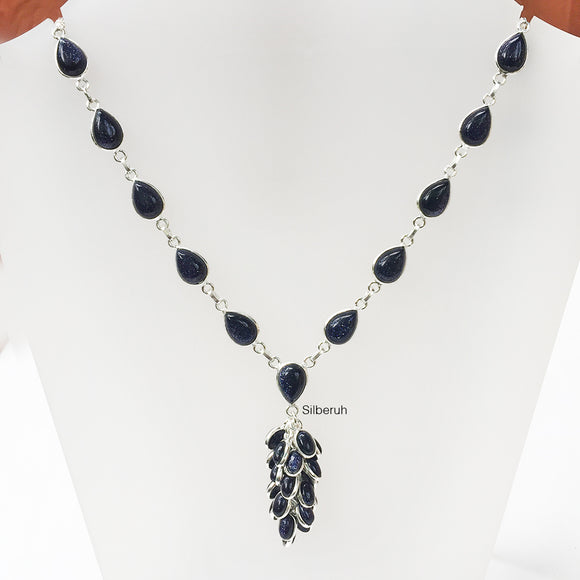 Blue Sunstone Tassel Silver Necklace