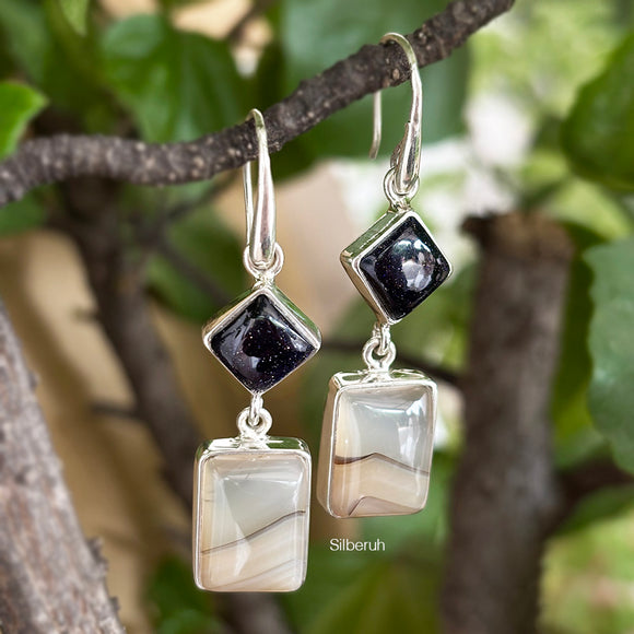 Blue Sunstone & Banded Onyx Silver Earring