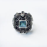 Blue Topaz Square Poison Box Silver Ring