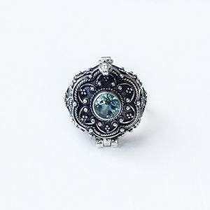 Blue Topaz Round Poison Box Silver Ring