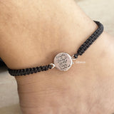 Black thread adjustable silver anklet with engraved message