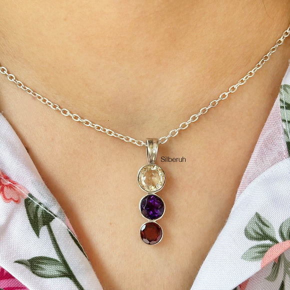 Citrine Amethyst Garnet Silver Pendant