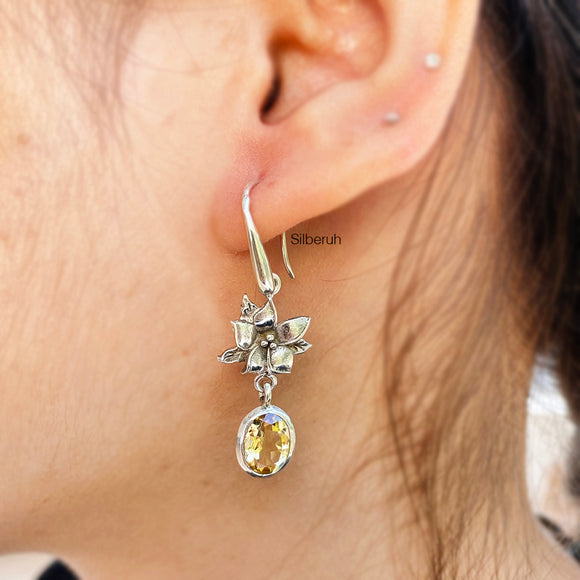 Citrine Orchid Flower Silver Earring