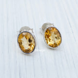 Natural Citrine oval stud earrings in solid sterling silver