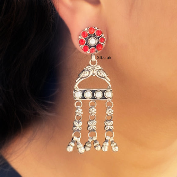 Coral & Pearl Silver Oxidised Earring