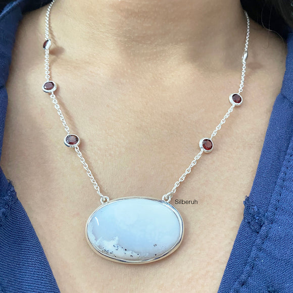 Dendrite Agate & Garnet Silver Necklace