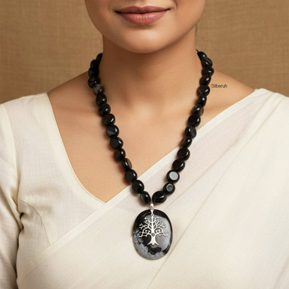 Dendrite Agate & Sulemani Hakik Silver Necklace