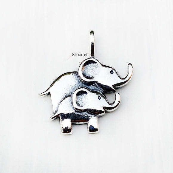 Elephant Mother & Child Silver Pendant