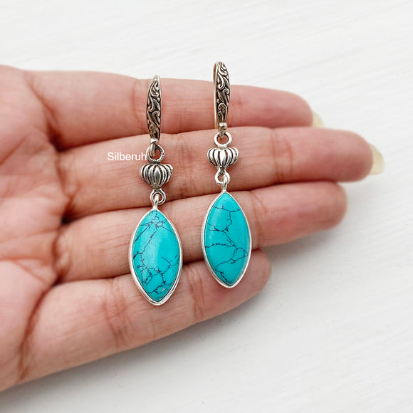 Engraved Turquoise Silver Earring