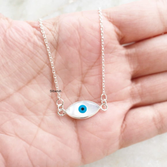 Evil Eye Mother Of Pearl Silver Necklace