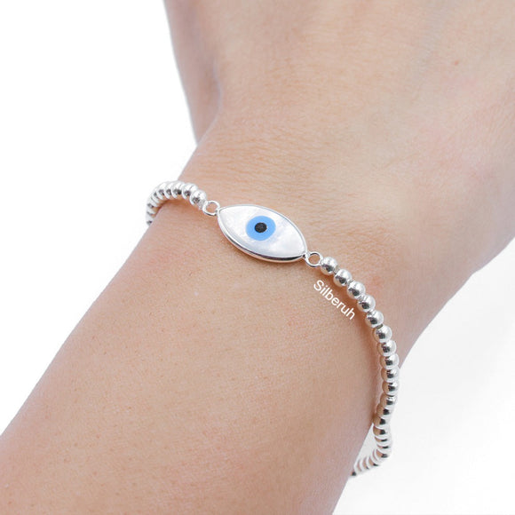 Evil Eye Mother of Pearl Stretchable Silver Bracelet