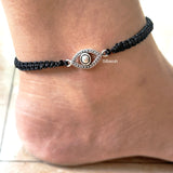 Sterling silver Evil Eye charm anklet with black thread