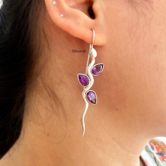 Facetted Amethyst Silver Snake Earring