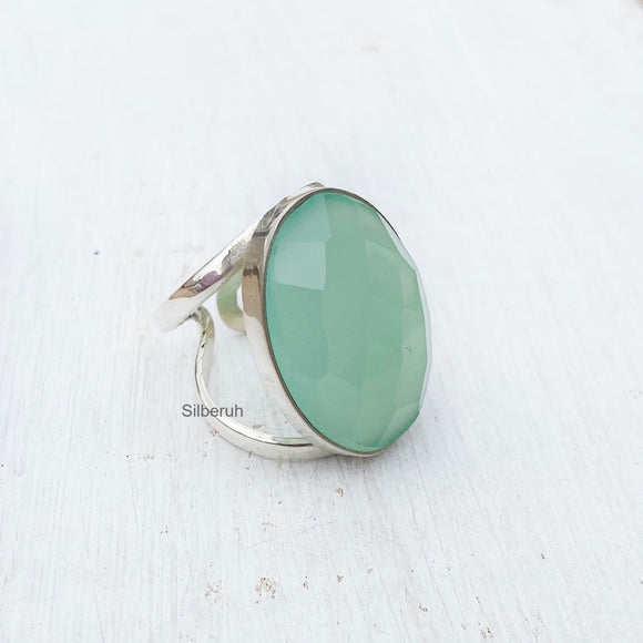 Facetted Aqua Chalcedony Silver Adjustable Ring