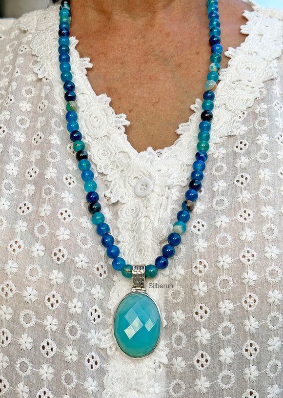 Facetted Blue Chalcedony Silver Necklace