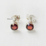 Facetted Garnet Round Silver Stud