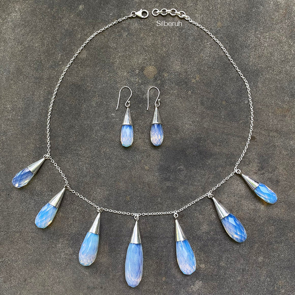 Facetted Opalite Drop Silver Earring & Necklace Set