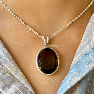 Facetted Oval Smoky Quartz Silver Pendant