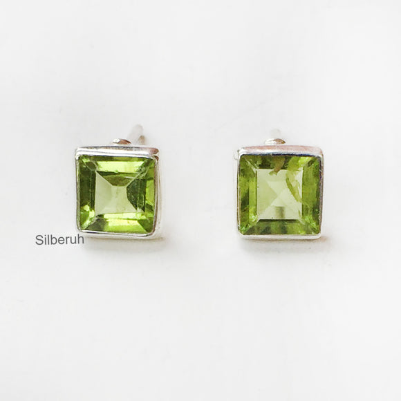 Facetted Peridot Square Silver Stud