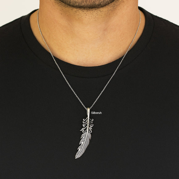 925 Silver Feather Pendant for Women and Men – Boho Jewellery