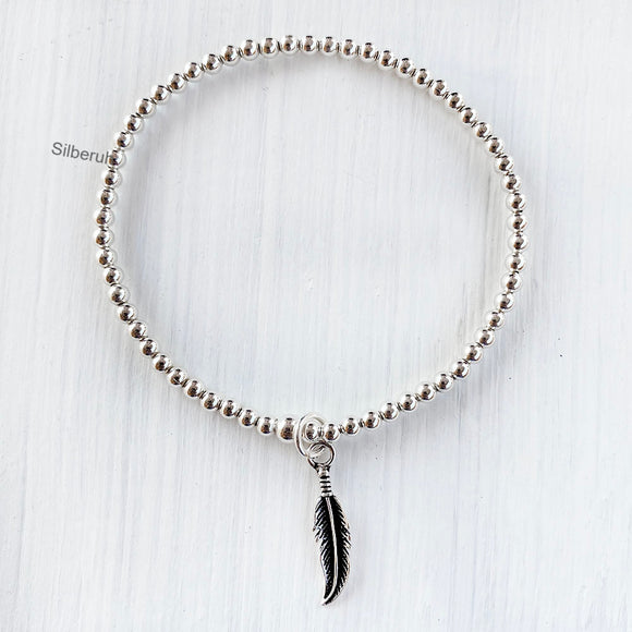Feather Stretchable Charm Silver Bracelet