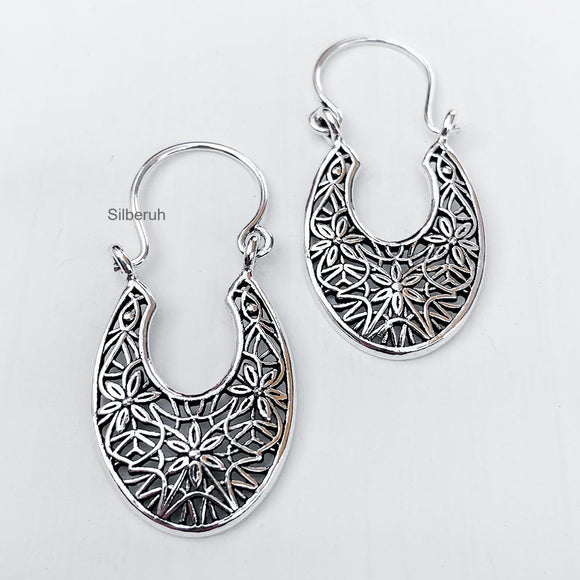 Flower Silver Bali Hoop Earring