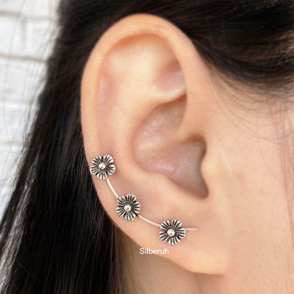 Flower Silver Ear Climber Earring