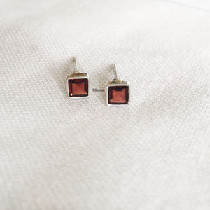 Garnet Facetted Square Silver Stud