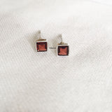 Garnet Facetted Square Silver Stud