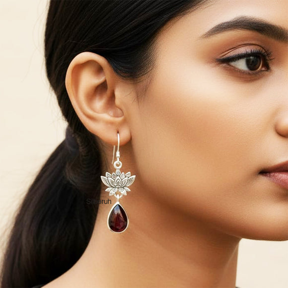 925 Silver Garnet Lotus Earring handcrafted in sterling silver