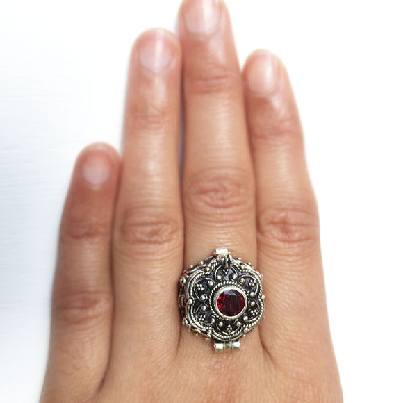 Garnet Poison Box Silver Ring