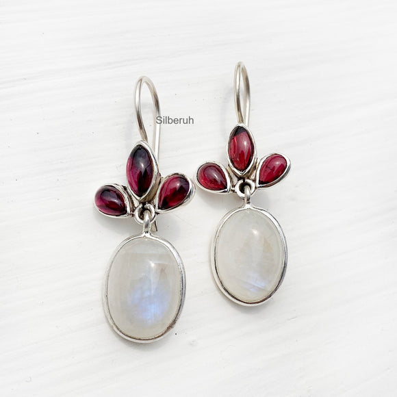 Garnet & Rainbow Moonstone Phool Silver Earring