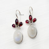 Garnet & Rainbow Moonstone Phool Silver Earring