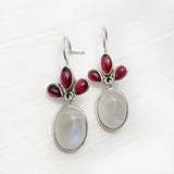 Garnet & Rainbow Moonstone Phool Silver Earring