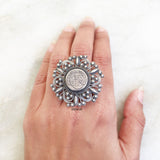 George King Emperor Coin Silver Jali Adjustable Ring