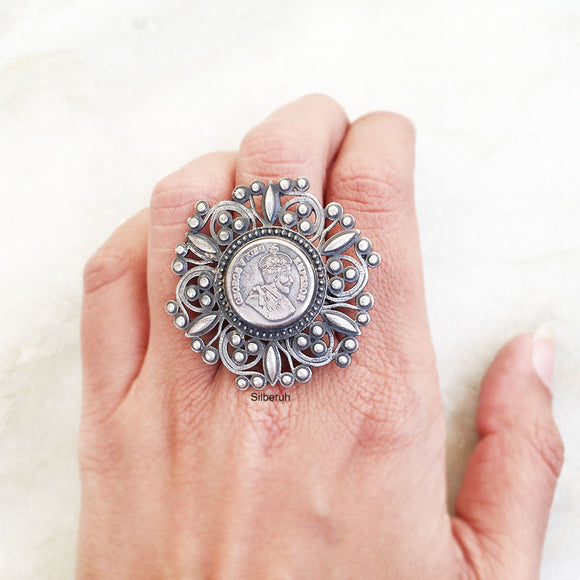 George King Emperor Coin Silver Jali Adjustable Ring