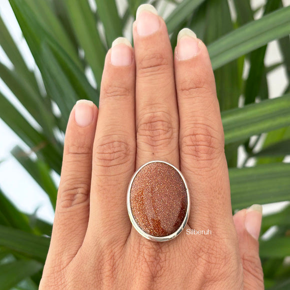 Golden Sunstone Oval Silver Ring