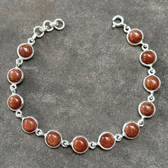 Golden Sunstone Round Silver Bracelet