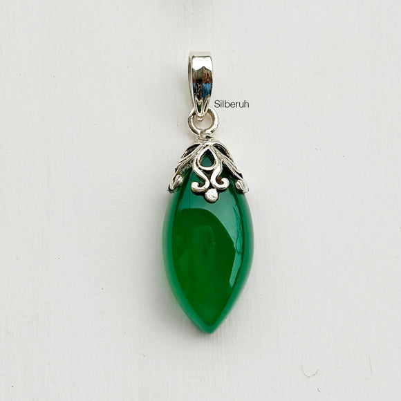 Green Onyx Marquise Filigree Silver Pendant