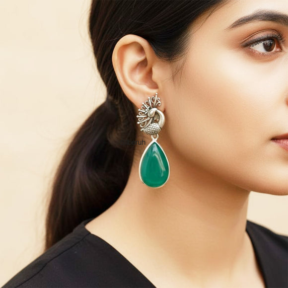 925 Silver Green Onyx Peacock Earrings handcrafted in sterling silver