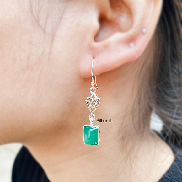 Green Onyx Rectangular Silver Earring