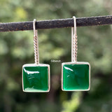 Green Onyx Square Fixed Hook Silver Earring