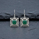 Green Onyx Square Jali Silver Earring