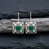 Green Onyx Square Jali Silver Earring