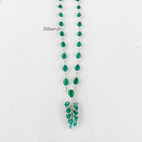 Green Onyx Tassel Silver Necklace