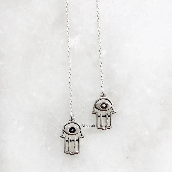 Hamsa Evil Eye Threader Silver Earring