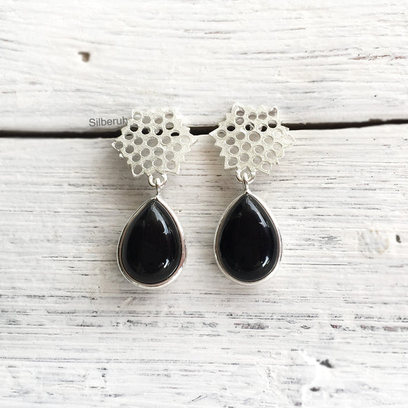 Honeycomb Black Onyx Silver Earring