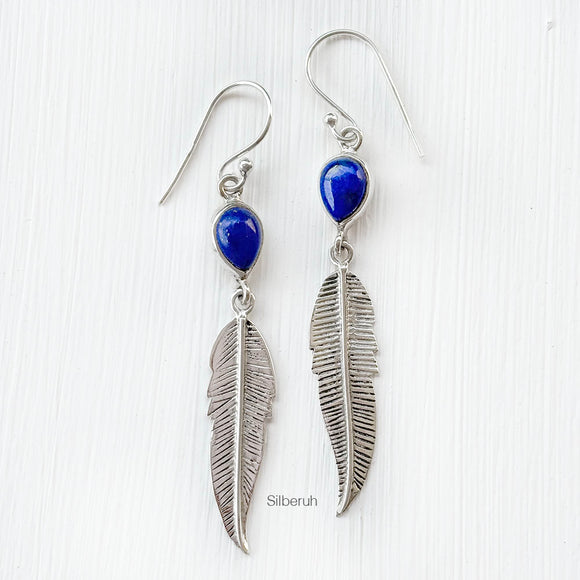 Lapis Lazuli Feather Silver Earring