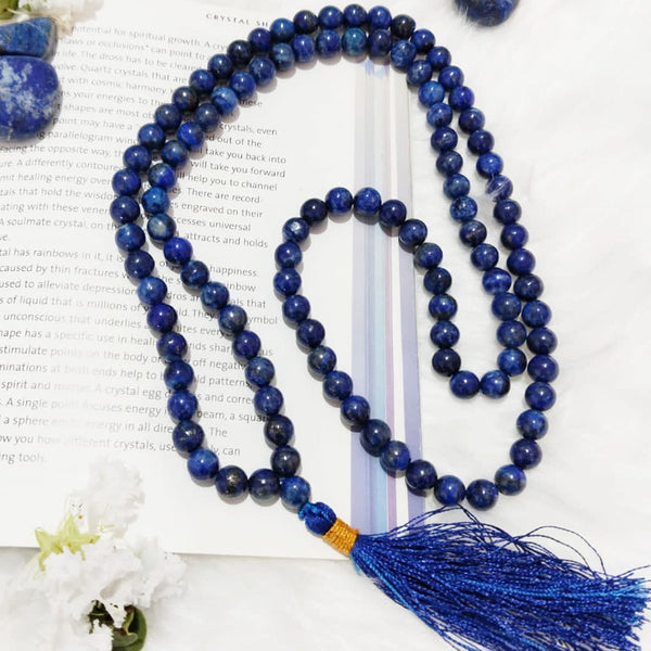 Mala (chapelet) En Lapis Lazuli – 54+1 Perles De 14 Mm – Fait Main En Inde – Pour Méditation Hindoue – Neuf